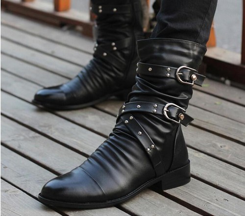 British Punk Men Gothic Pointed Toe Zip Casual Ankle Boos Shoes Black Plus Size - Picture 1 of 15