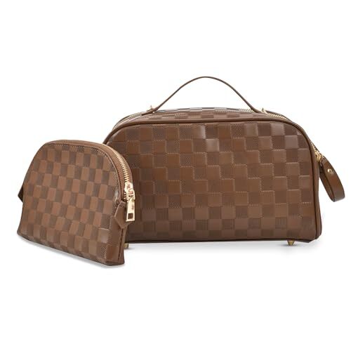 2 Pcs Makeup Bags Set, Large Capacity Makeup Organizer for Women, PU Brown