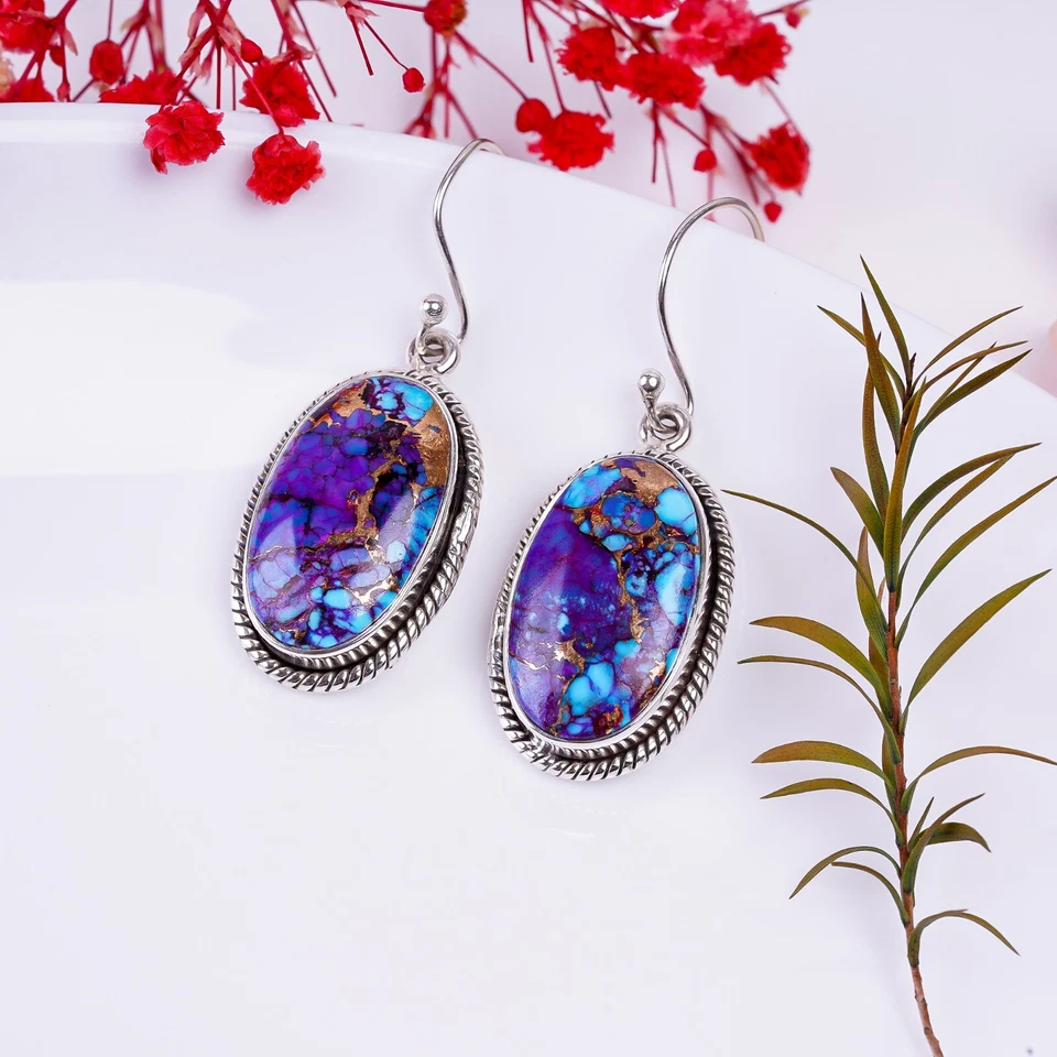 Pendientes colgantes de plata de ley 925 turquesa cobre púrpura y azul Foto 2 de 4