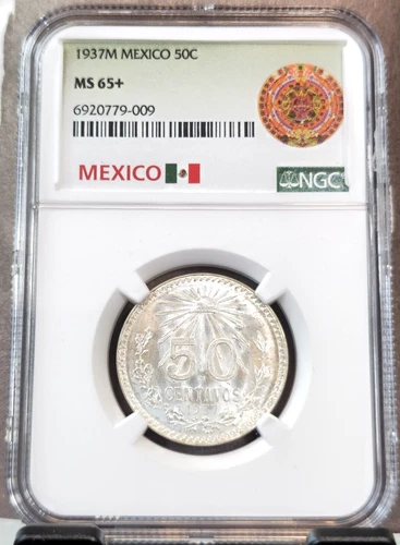 1937 MEXICO SILVER 50 CENTAVOS 50C NGC MS 65+ RARE GEM BU