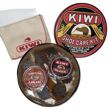 Complete KIWI Shoe Care Kit In Metal Collectible Tin Black  Brown Polish Cloths