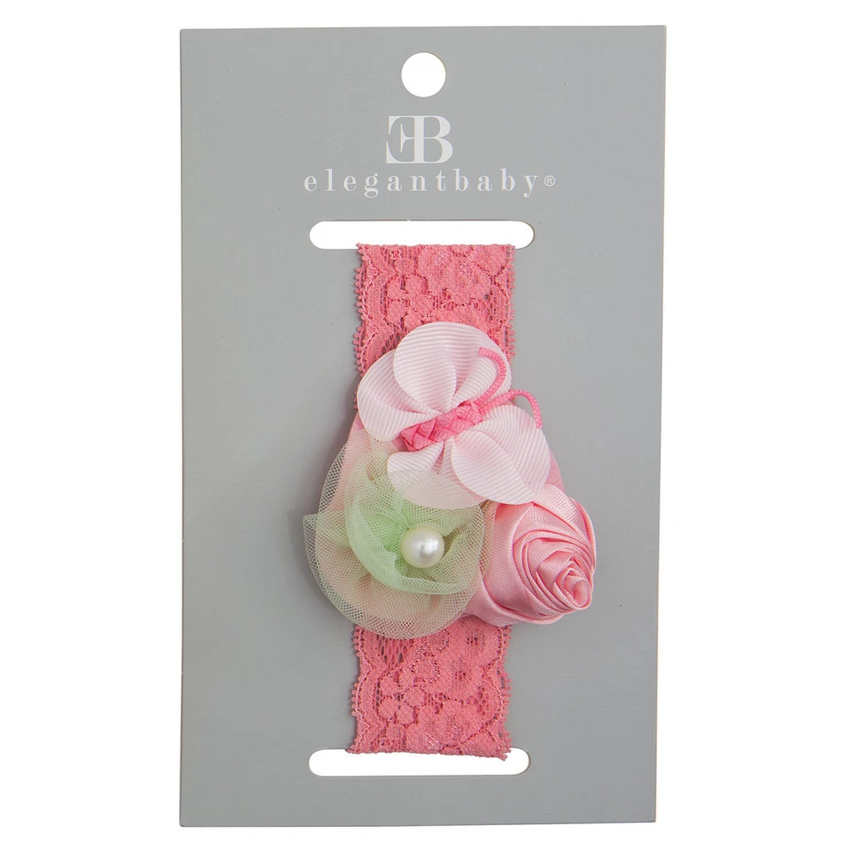 Elegante diadema suave mariposa rosa y blanca de encaje elástico para bebé niña Foto 3 de 3