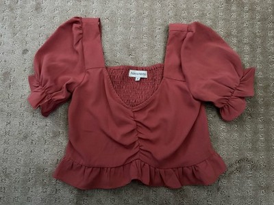 Padini Authentics Rust Cropped Puff Sleeve Blouse S Ruffle Ruched Accents