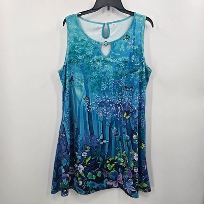 Enchanted Forest Butterfly Blue Dress Womens XL Keyhole Ring Neck Pockets