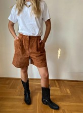Vintage Camel Brown Genuine Leather Pleated High Waisted Shorts