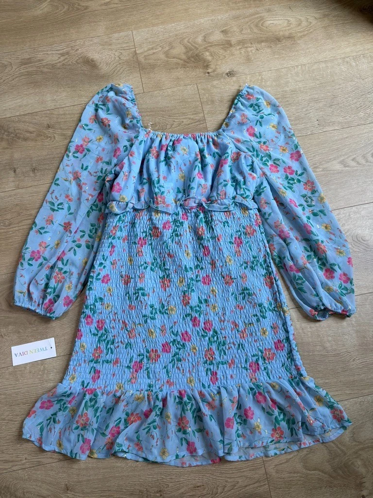 NWT Tween Diva Girls Blue Floral Dress Special Occasion Party Boho Smocked sz 14