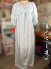 Vtg Blue Cotton Nightgown Robe Set Victorian Lace Ruffle Romantic Cottagecore