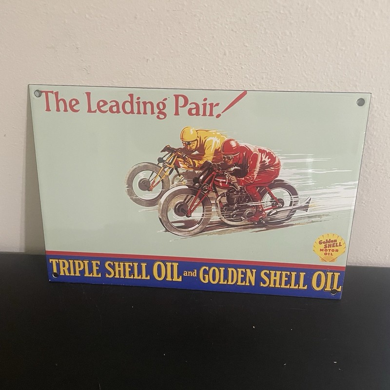 VINTAGE SHELL THE LEADING PAIR OIL GASOLINE PORCELAIN SIGN