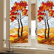 Stained Glass Window Film Decorative 18x39 Inch Fall Leaves Tree Panel PVC Wi...