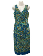 Vintage Maggy London Silk Sleeveless Midi Dress Tie Back Lined Blue Multi Sz 10