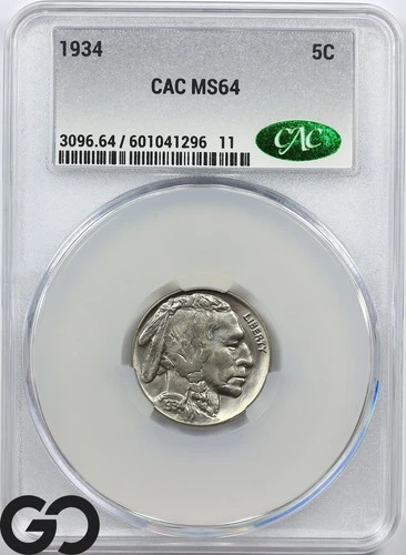 1934 Buffalo Nickel CAC MS 64 ** Blast White Premium Quality!