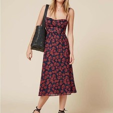 Reformation Red and Blue Floral Print Midi Dress | Silk Rose Print Dress | Sz 2