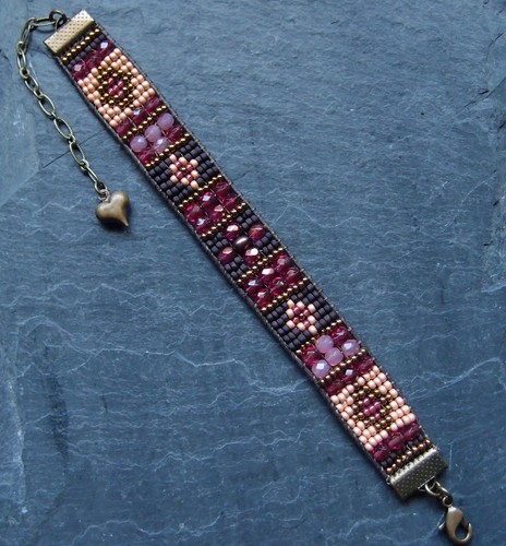 antique brass valentines ruby gold pearl czech beaded bracelet
