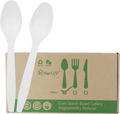 200 Compostable Spoons, Herlly Eco-Friendly, packs in partial box, see descr.
