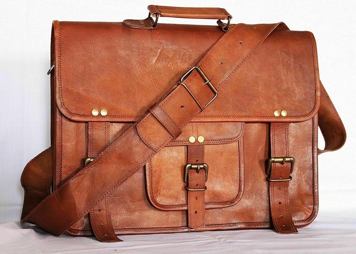 18" Vintage Cuero Mensajero Hombre Laptop Maletín Bolso Cartera Regalo Para H...