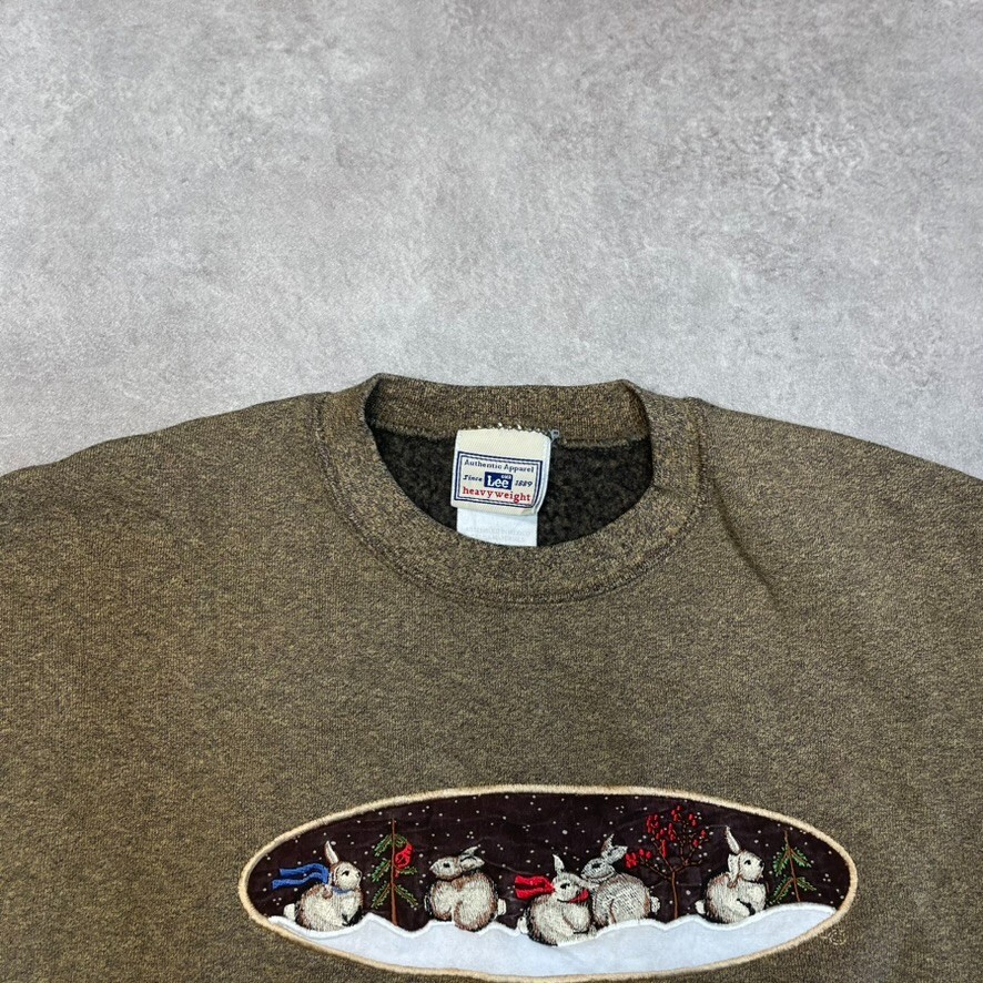 Lee Sweatshirt Mens Medium Christmas Rabbits Crew Neck Pull Over Jumper, Brown image 7