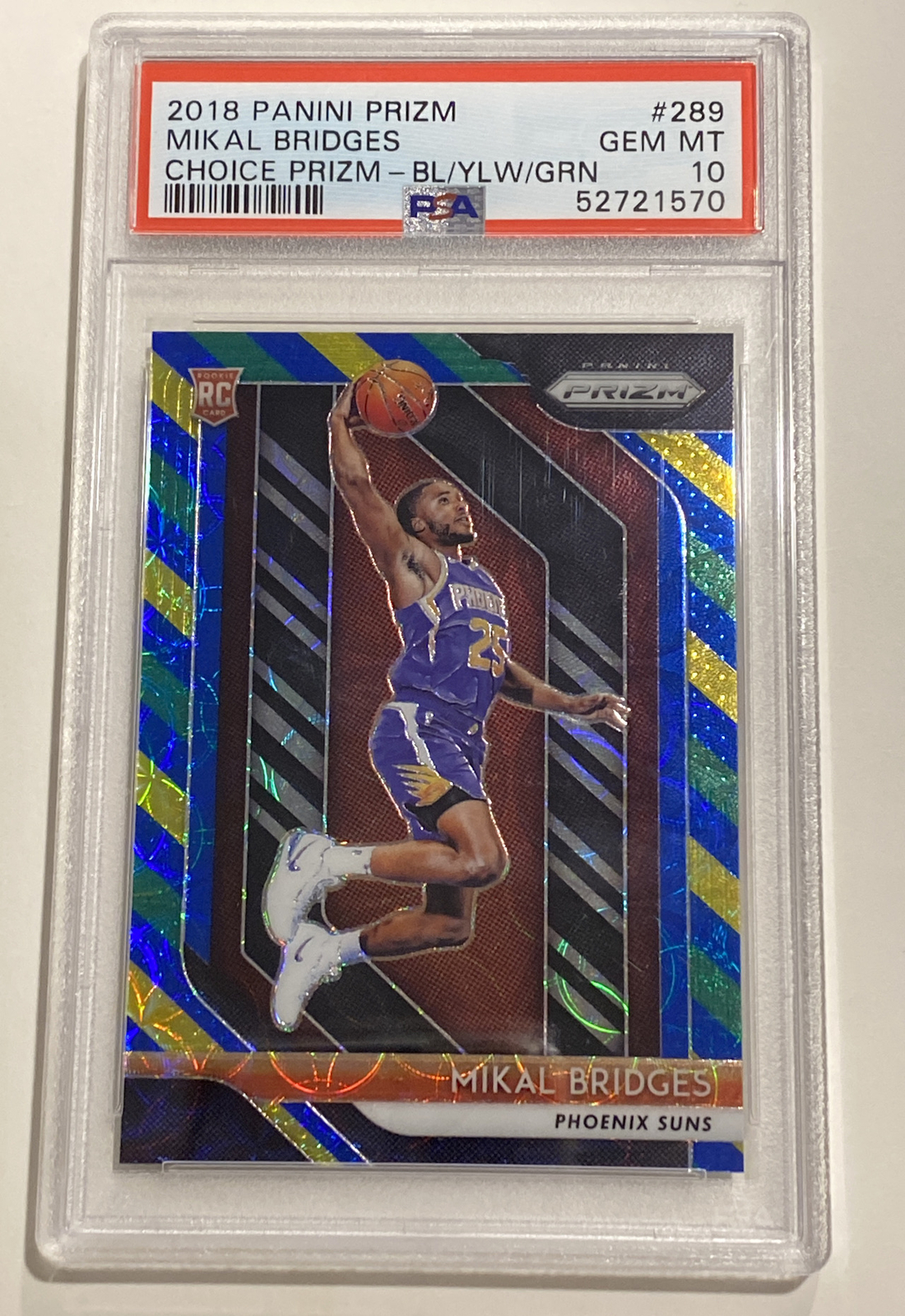 2018-19 panini prizm MIKAL BRIDGES ROOKIE CHOICE BLUE/YELLOW/GREEN PSA 10 GEM MT