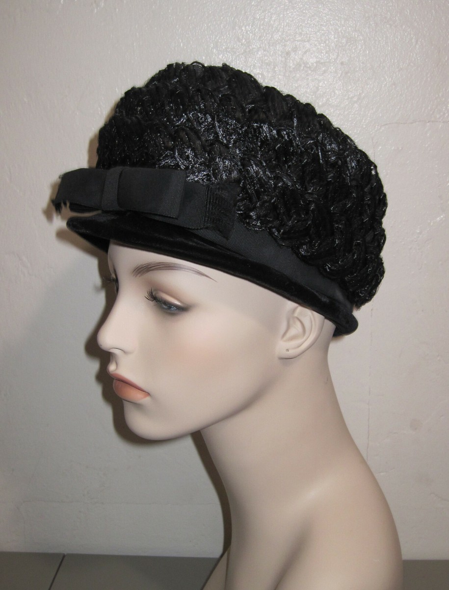 Vintage Black Woven Straw Cloche Bucket Hat W/ Black Ribbon  display picture 3