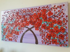 QUADRO MODERNO DIPINTO A MANO ALBERO DELLA VITA FIORI ROSSI 40x80x4 RIF216