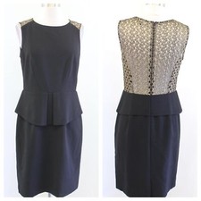 Tahari Levine Black Gold Metallic Lace Open Back Peplum Sheath Dress Cocktail 6