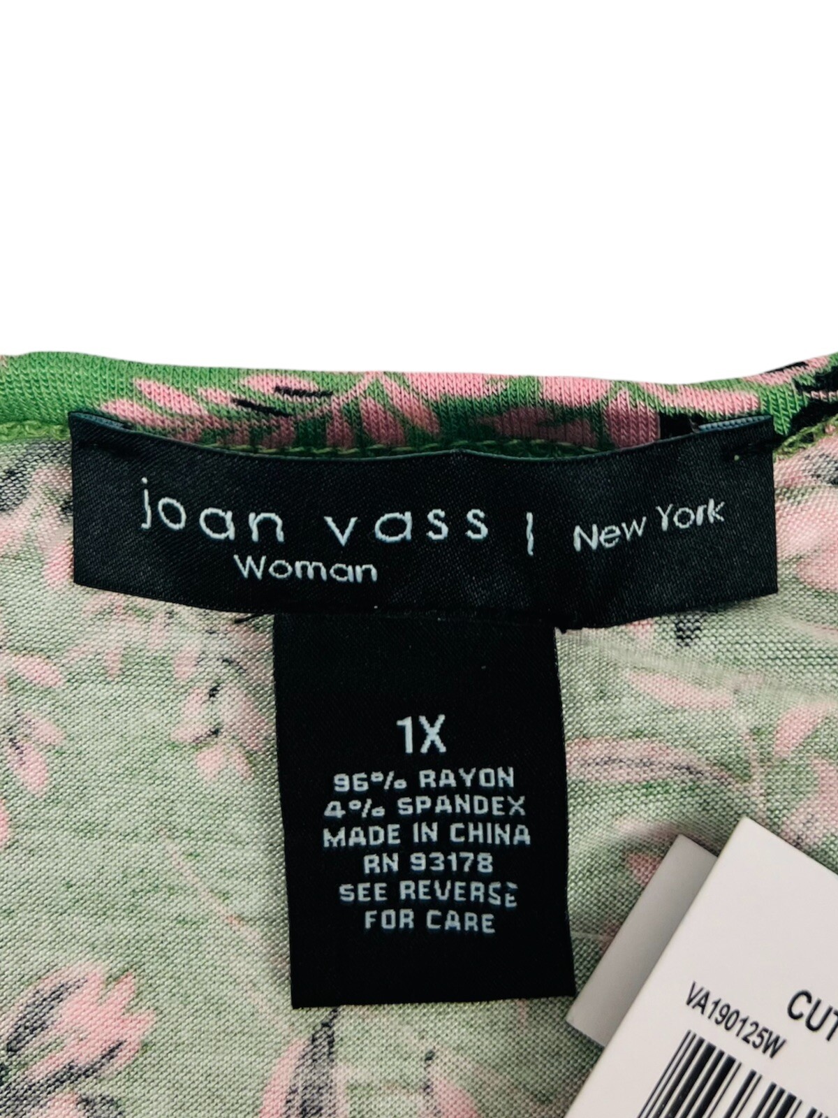 Joan Vass Womens Top Green Floral Pink 3/4 Sleeve Rayon Stretch Flare NWT $48