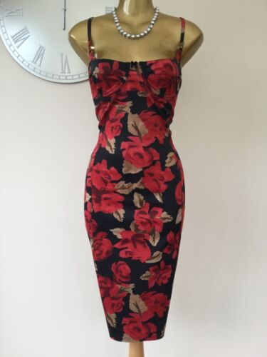 💕KAREN MILLEN - 14  UK - RARE VINTAGE, RED ROSE WIGGLE DRESS. - Picture 1 of 7