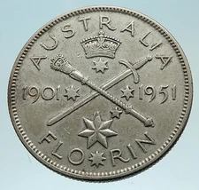 1951 AUSTRALIA King George VI 50th Anniv LARGE Genuine Silver Florin Coin i76207