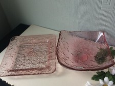 Ice Textured Square Glass Chip & Dip Bowl SET OF 2 Pink Serving Dish w/ Platter
