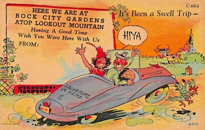 We Are At Rock Stadt TN Gärten Atop Lookout Mountain-Tourist-Auto Comic Postcard