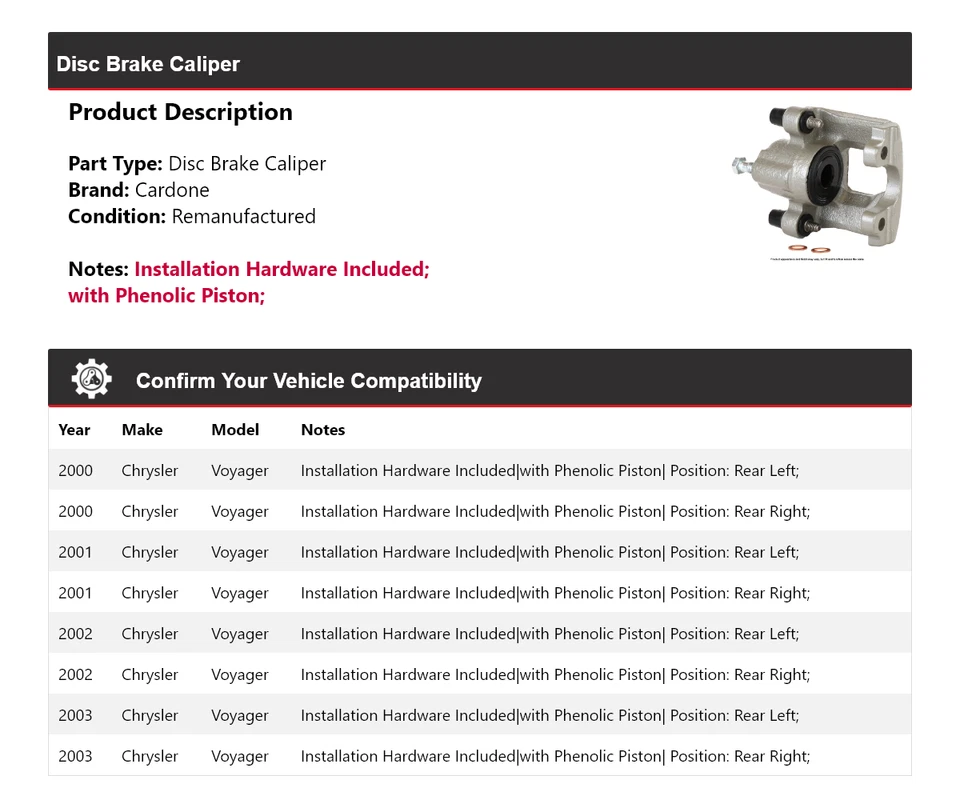 Pinza de freno de disco Cardone 2001 2002 para Chrysler Voyager 2000-2003 Foto 2 de 4