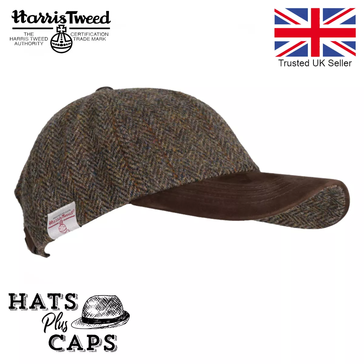 Baseball Cap Genuine Harris Tweed 100 Wool Leather Peaked Hat eBay