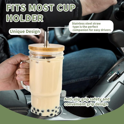 Glass Cups with Bamboo Lids and Straws,24Oz Tumbler with Handle,2 Pack Mason Jar - Picture 2 of 12