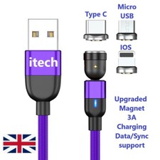 360°Magnetic USB Charger Data Charging Cable Phone Cord Type C Micro USB IOS UK 