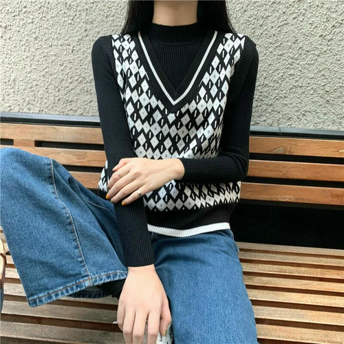 Dama Chaleco Tejido Camisetas sin Mangas Suéter Chaleco Sin Mangas Cuello en V Geométrico Informal - Imagen 13 de 19