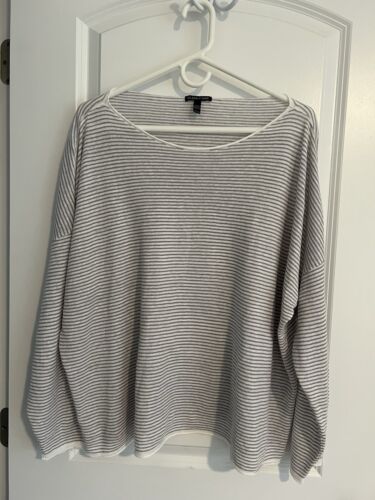 Eileen Fisher Sweater Oversize Gray White Stripe Beach Organic Cotton & Linen XL