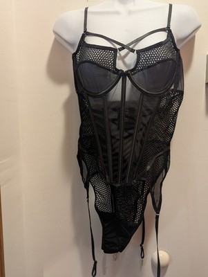 Forplay Women's XL Black Intimate Body Suit With Ribbing And Garter Snaps Sheer
