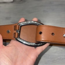 RALPH LAUREN Woman s hard Leather Buckle Belt Silver Size Medium BROWN 4021