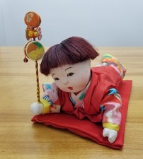 Ichimatsu Gofun *CRAWLING BABY BOY DOLL* With Blanket & Den-Den Daiko Japanese 