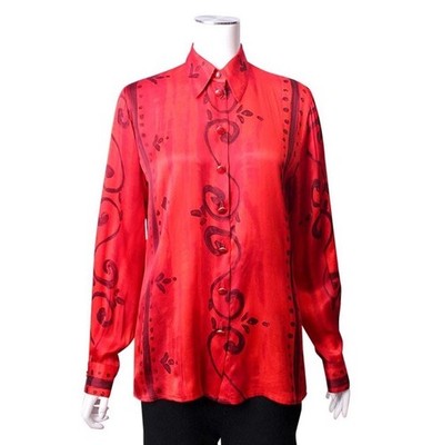 Vintage Escada Margaretha Ley 100% Silk Red Print Blouse Size 40 Made in Germany
