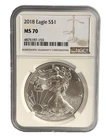 2018- American Silver Eagle $1 COIN NGC MS70 Brown Label .999 Fine