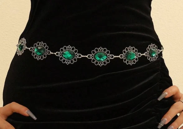 CINTURÓN CADENA GEMA- Elegante Cadena Cintura Estilo Vintage Verde Patrón Floral Foto 2 de 4