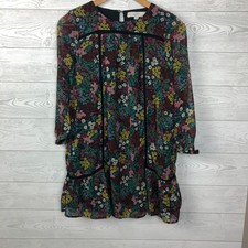 Ann Taylor LOFT Women's XS PETITE Navy Wildflower Babydoll Dress Long Sleeve