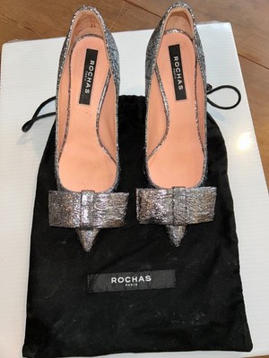 Rochas Paris Silver Metallic Bow Pumps, Pointed Top, Kitten Heels, Sz 7