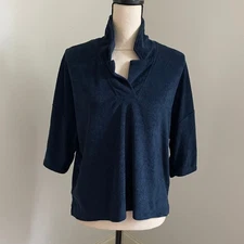 CC California Collared Pullover Large Navy Blue Textured Terry Coastal Boho Chic