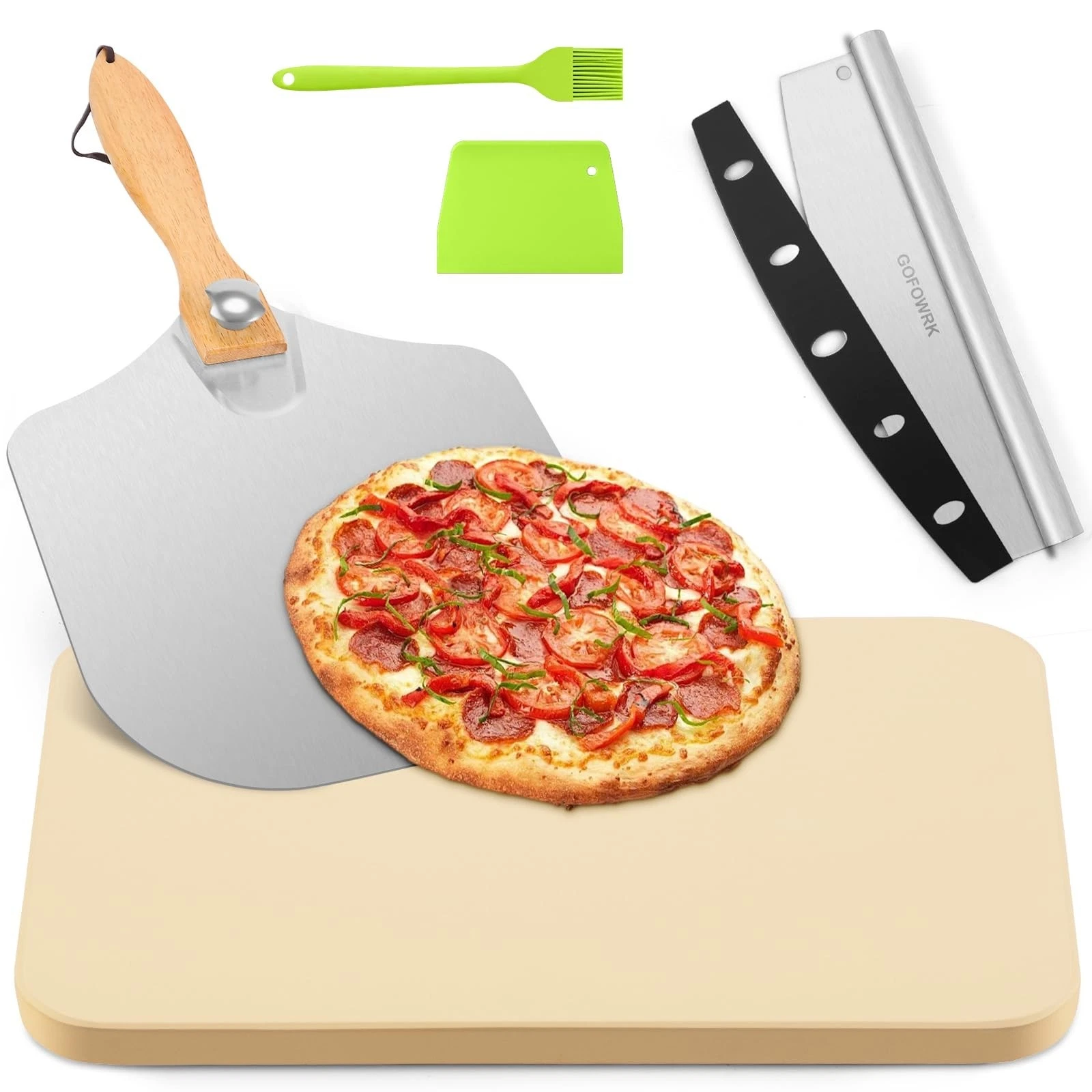 Pizza Stone 5 PCS Set, 15 x 12" Large Rectangle Pizza Stone Set for Oven and ...