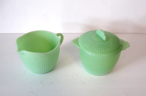 Vintage Fire King Jadeite Jane Ray Creamer and Sugar Bowl Set w/Lid