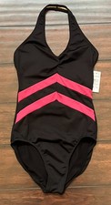 NWT Motionwear Medium Adult Black w Pink Chevron Halter Ballet Dance Leotard