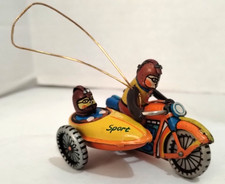 Tin Toy ZZ Motorcycle with Sidecar Ornament Made in Germany 3" x 2" x 1.75" Vtg.