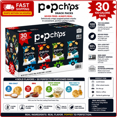 Popchips Potato Chips Snack Packs, Variety Pack, 0.8 oz, 30-count