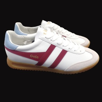 Gola Torpedo Womens Fashion Leather Sneakers in White, Maroon & Baby Blue - 9 US